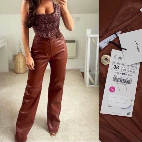 Zara Pants - Zara NWT High Rise Faux Leather Wide Leg Trouser Pants 6 EURO 38 Whiskey Brown